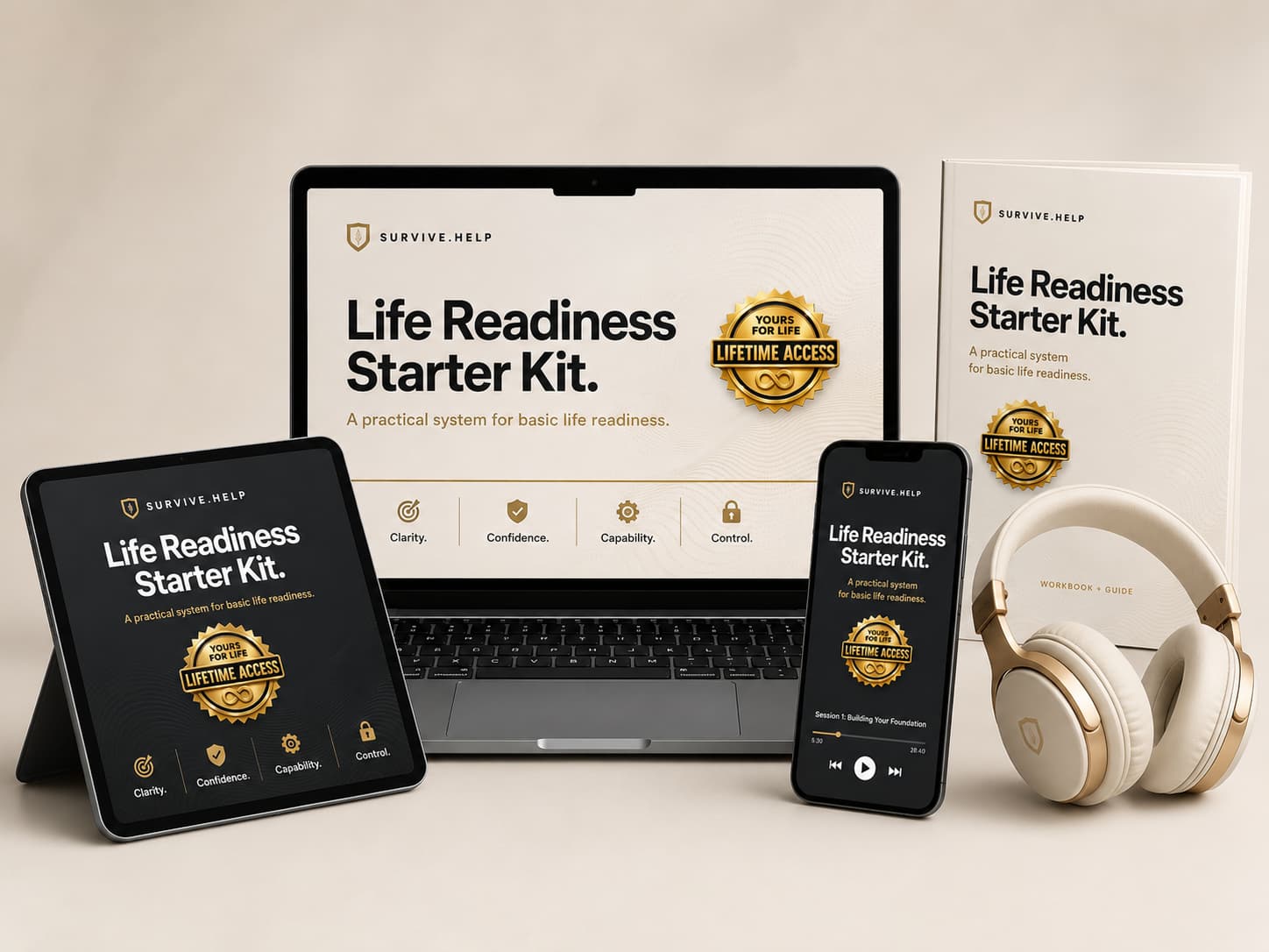 Life Readiness Starter Kit mockup showing video lessons, desktop access, tablet access, mobile access, workbook, worksheets, and audio guidance